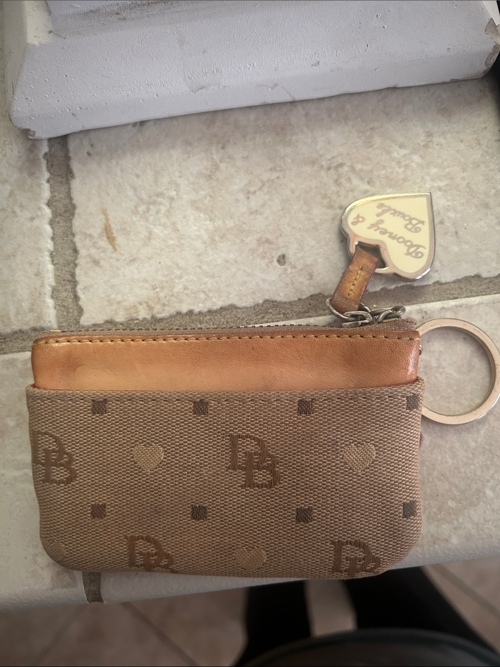Dooney & Bourke Tan Brown Logo Key Pouch with Heart Charm